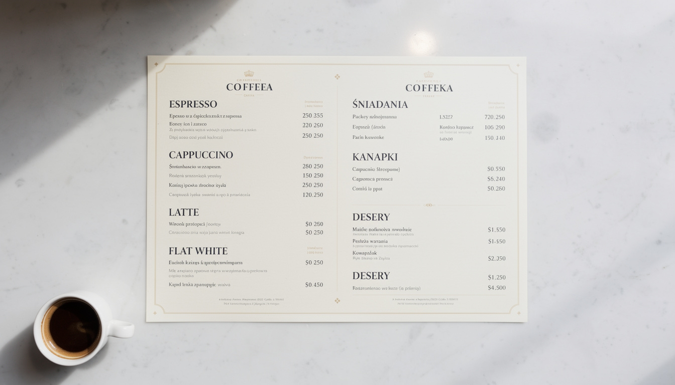Przykład układu menu w kawiarni