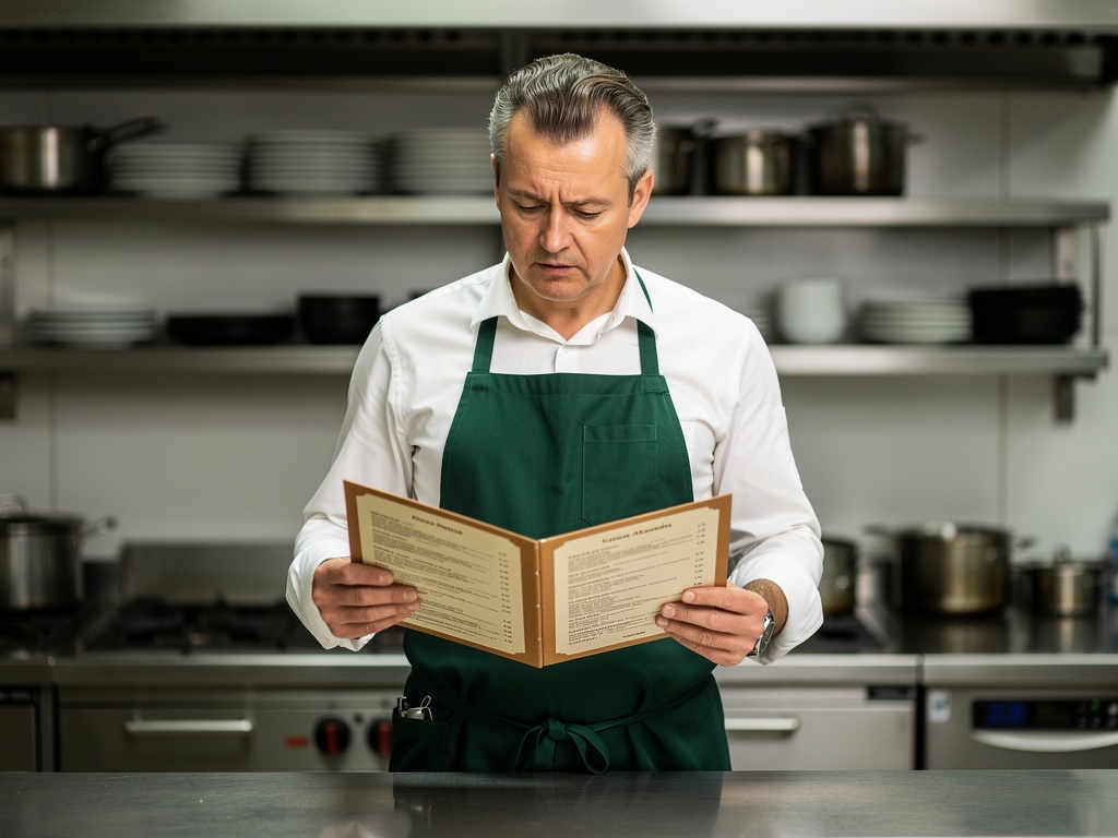 Właściciel restauracji analizujący kartę menu przy stole
